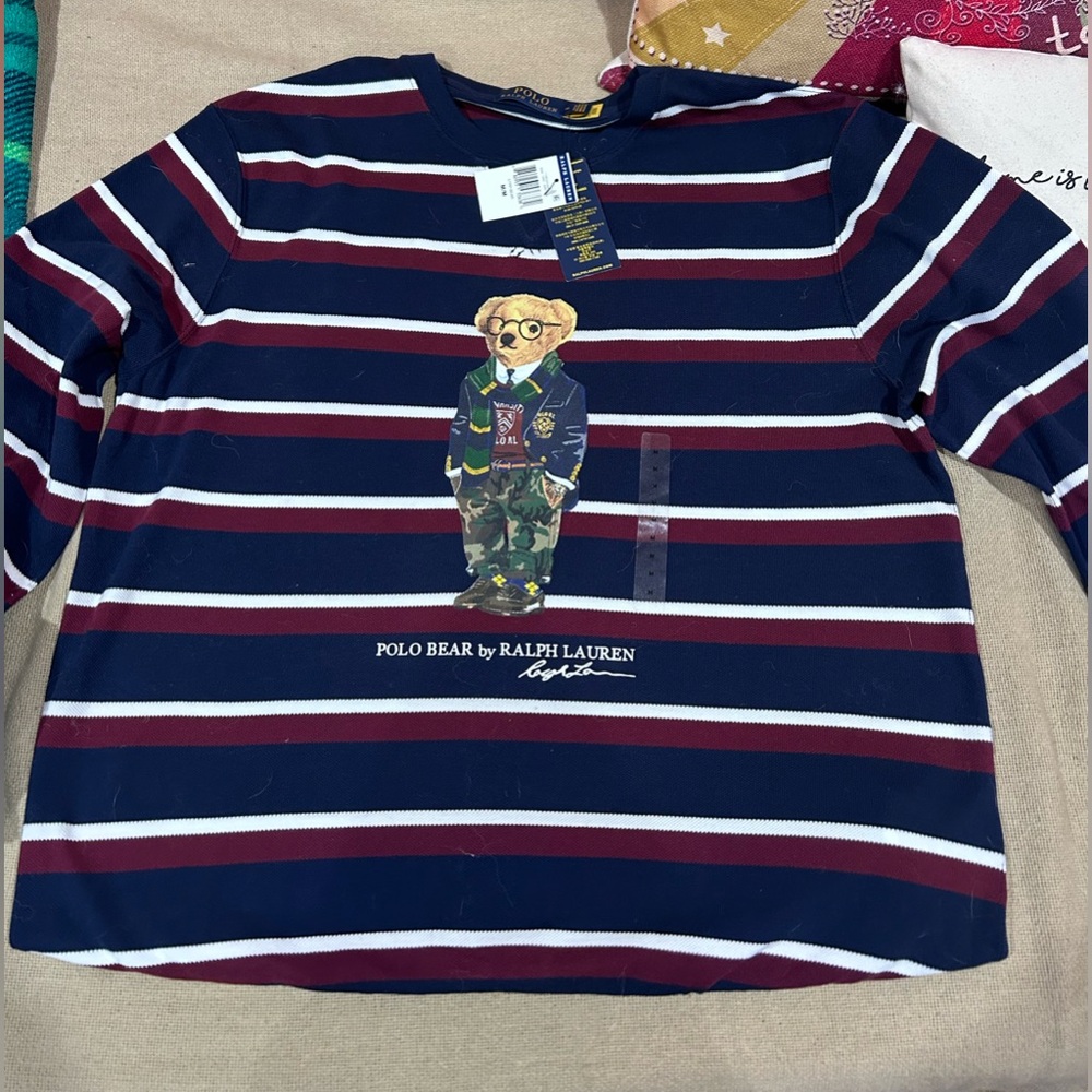 NWT Medium Striped Polo Sweater with Teddy Bear